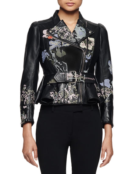 Floral Embroidered Leather Moto Jacket, Black Multi