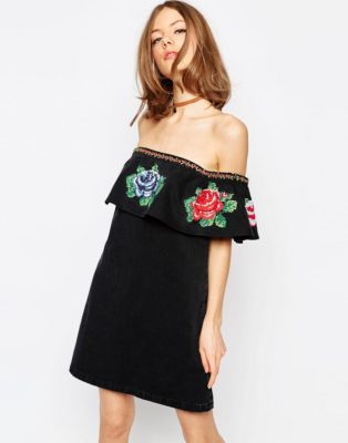 ASOS Denim Embroidered Bardot Dress in Washed Black