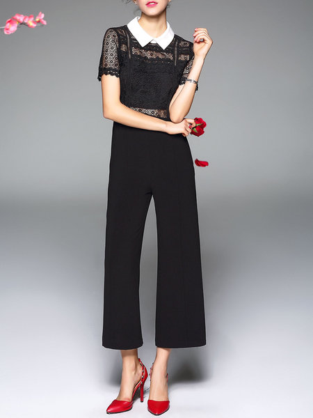 Short Sleeve Lace Paneled Jumpsuit