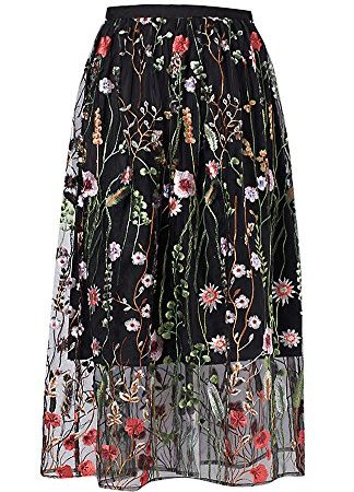 Floral Embroidery Tulle Midi Skirt