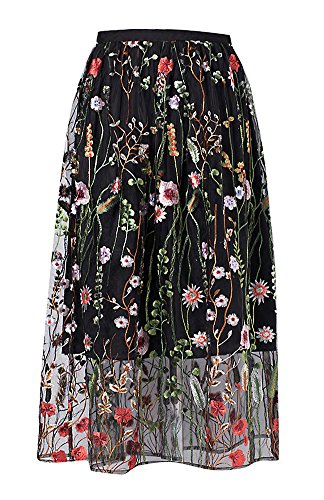 Floral Embroidery Tulle Midi Skirt